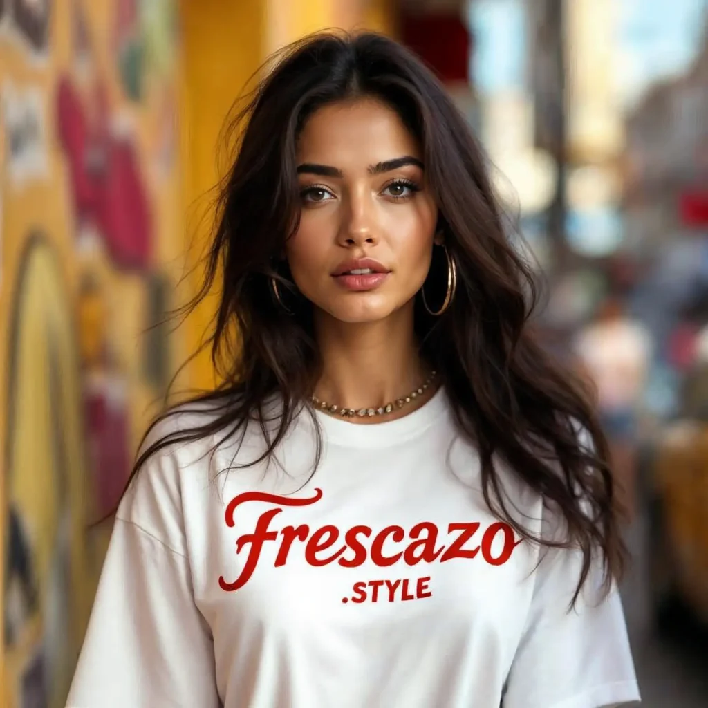 Beautiful Latina woman wearing a Frescazo Style graphic tee of a cultural roots fashion brand